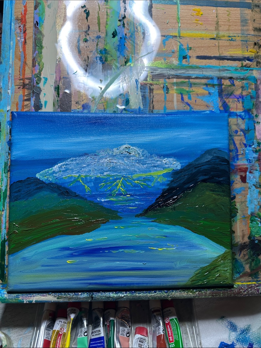 Blue and Green Hand-Painted Lake Landscape by